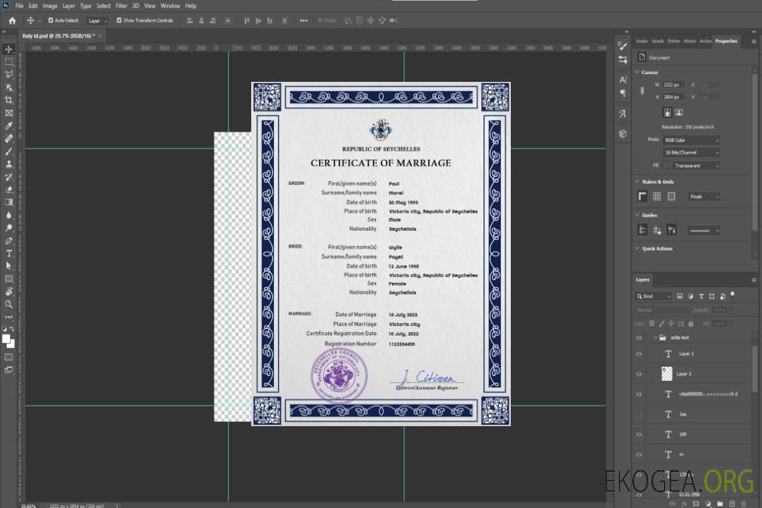 Modèle PSD de certificat de mariage des Seychelles template